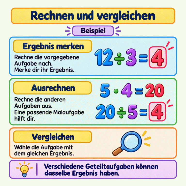 Rechne die vorgegebene Geteiltaufgabe nach und merke dir ihr Ergebnis. Berechne dann die anderen Aufgaben und vergleiche die Ergebnisse. Im Lehrbeispiel ergibt 12 geteilt durch 3 die Zahl 4. Die Malaufgabe 5 mal 4 gleich 20 hilft bei 20 geteilt durch 5: Auch hier ist das Ergebnis 4. Verschiedene Geteiltaufgaben können also dasselbe Ergebnis haben. Rechnen und vergleichen Ergebnis merken: Rechne die vorgegebene Aufgabe nach. Merke dir ihr Ergebnis. Ausrechnen: Rechne die anderen Aufgaben aus. Eine passende Malaufgabe hilft dir. Vergleichen: Wähle die Aufgabe mit dem gleichen Ergebnis. Verschiedene Geteiltaufgaben können dasselbe Ergebnis haben. Beispiel 12 ÷ 3 = 4 5 · 4 = 20 20 ÷ 5 = 4