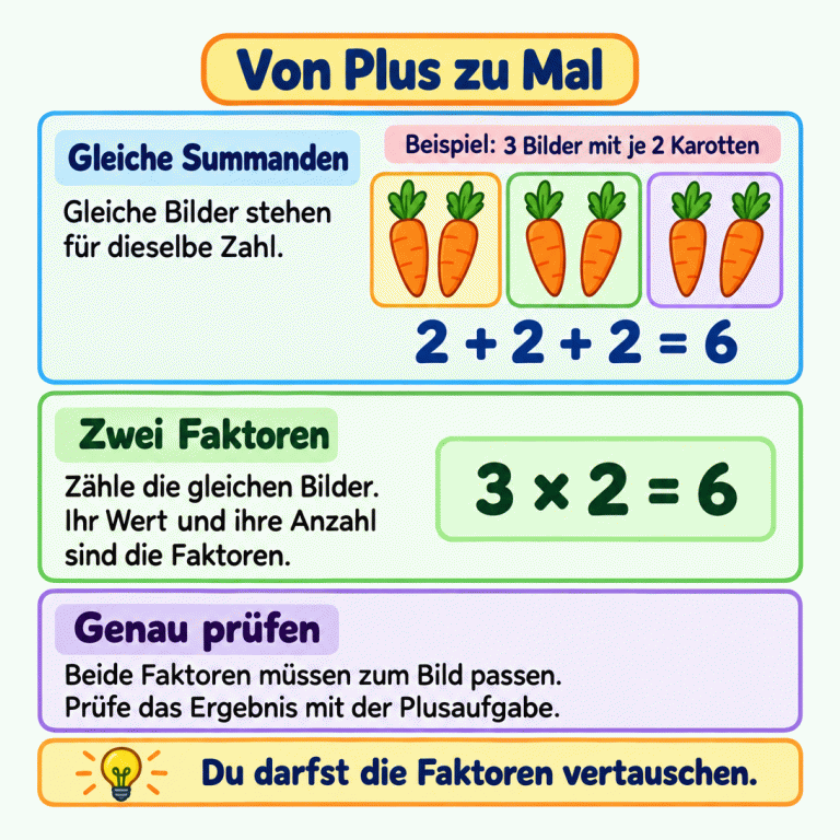 Ein Lehrbeispiel zeigt drei Bilder mit jeweils zwei Karotten. Jedes Bild ist ein Summand mit dem Wert zwei. Zwei plus zwei plus zwei ergibt sechs. Drei mal zwei ergibt ebenfalls sechs. Der Wert eines Bildes und die Anzahl der Bilder sind die Faktoren. Beide müssen zur Darstellung passen. Das Ergebnis wird mit der Plusaufgabe geprüft. Die Faktoren dürfen vertauscht werden. Von Plus zu Mal Gleiche Summanden: Gleiche Bilder stehen für dieselbe Zahl. Zwei Faktoren: Zähle die gleichen Bilder. Ihr Wert und ihre Anzahl sind die Faktoren. Genau prüfen: Beide Faktoren müssen zum Bild passen. Prüfe das Ergebnis mit der Plusaufgabe. Du darfst die Faktoren vertauschen. Beispiel: 3 Bilder mit je 2 Karotten 2 + 2 + 2 = 6 3 × 2 = 6