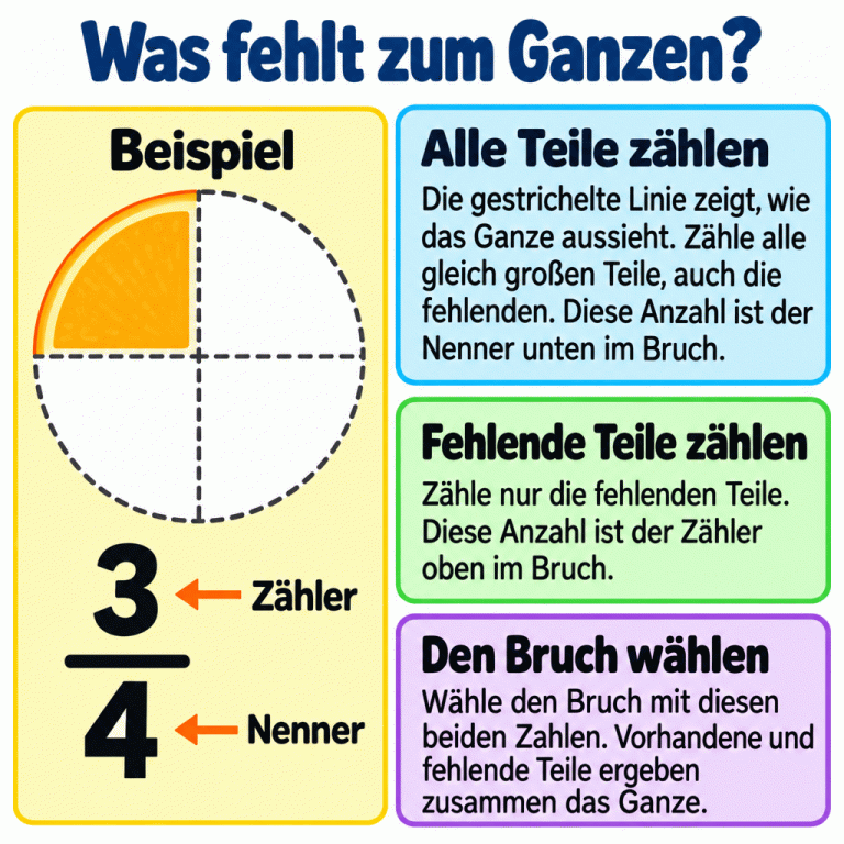 Lehrbeispiel: Eine runde Fruchtscheibe ist in vier gleich große Teile geteilt. Ein Teil ist vorhanden, drei Teile fehlen und sind gestrichelt umrissen. Der fehlende Anteil ist drei Viertel: Die Drei steht oben als Zähler, die Vier unten als Nenner. Die Anleitung erklärt, zuerst alle Teile einschließlich der fehlenden für den Nenner und dann nur die fehlenden Teile für den Zähler zu zählen und den passenden Bruch auszuwählen. Was fehlt zum Ganzen? Alle Teile zählen: Die gestrichelte Linie zeigt, wie das Ganze aussieht. Zähle alle gleich großen Teile, auch die fehlenden. Diese Anzahl ist der Nenner unten im Bruch. Fehlende Teile zählen: Zähle nur die fehlenden Teile. Diese Anzahl ist der Zähler oben im Bruch. Den Bruch wählen: Wähle den Bruch mit diesen beiden Zahlen. Vorhandene und fehlende Teile ergeben zusammen das Ganze. Beispiel 3 4 Zähler Nenner
