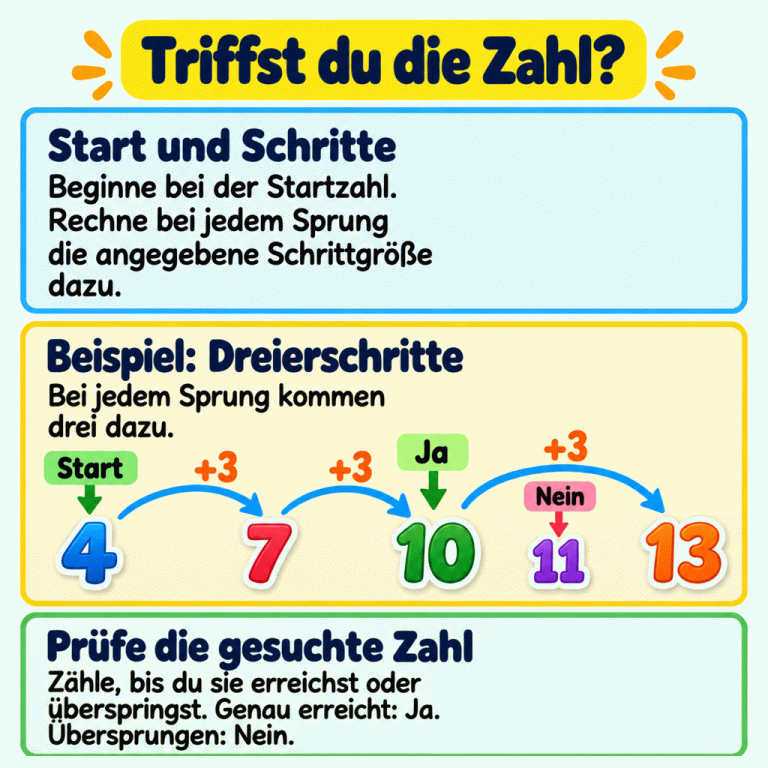 Die Karte erklärt das Zählen ab einer Startzahl in gleich großen Schritten. Das Beispiel zählt in Dreierschritten: 4, 7, 10, 13. Die 10 wird genau erreicht und erhält den Hinweis Ja. Die 11 wird beim Sprung von 10 zu 13 übersprungen und erhält den Hinweis Nein. Für jede Aufgabe werden deren Startzahl und Schrittgröße verwendet. Triffst du die Zahl? Start und Schritte: Beginne bei der Startzahl. Rechne bei jedem Sprung die angegebene Schrittgröße dazu. Beispiel: Dreierschritte: Bei jedem Sprung kommen drei dazu. Prüfe die gesuchte Zahl: Zähle, bis du sie erreichst oder überspringst. Genau erreicht: Ja. Übersprungen: Nein. 4 7 10 13 11 +3 Start Ja Nein