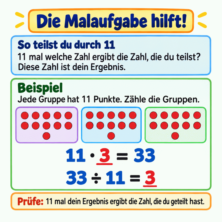 Beim Teilen durch 11 hilft die passende Malaufgabe. Das Beispiel zeigt drei Gruppen mit jeweils 11 Punkten, insgesamt 33 Punkte. Dazu stehen die Rechnungen: 11 mal 3 gleich 33 und 33 geteilt durch 11 gleich 3. Mit 11 mal deinem Ergebnis prüfst du die Rechnung. Die Malaufgabe hilft! So teilst du durch 11: 11 mal welche Zahl ergibt die Zahl, die du teilst? Diese Zahl ist dein Ergebnis. Beispiel: Jede Gruppe hat 11 Punkte. Zähle die Gruppen. Prüfe: 11 mal dein Ergebnis ergibt die Zahl, die du geteilt hast. 11 · 3 = 33 33 ÷ 11 = 3