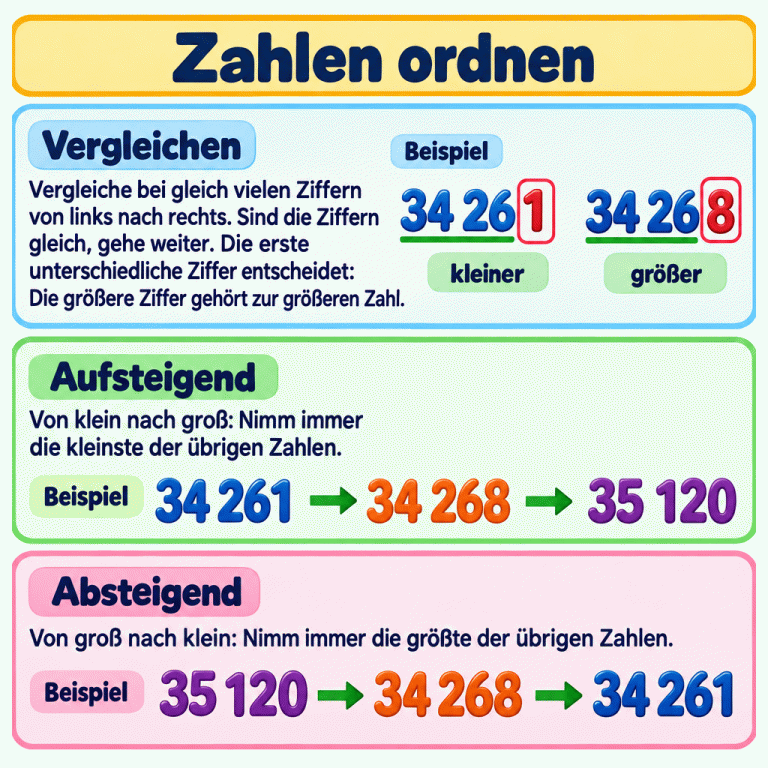 Lernkarte zum Zahlenordnen. Zahlen mit gleich vielen Ziffern werden von links nach rechts verglichen. Bei 34 261 und 34 268 sind die ersten vier Ziffern gleich; erst die Einer unterscheiden sich. 34 261 ist kleiner, 34 268 größer. Aufsteigend lautet die Beispielreihe: 34 261, 34 268, 35 120. Absteigend lautet sie: 35 120, 34 268, 34 261. Dafür wird jeweils die kleinste oder die größte noch übrige Zahl gewählt. Zahlen ordnen Vergleichen: Vergleiche bei gleich vielen Ziffern von links nach rechts. Sind die Ziffern gleich, gehe weiter. Die erste unterschiedliche Ziffer entscheidet: Die größere Ziffer gehört zur größeren Zahl. Aufsteigend: Von klein nach groß: Nimm immer die kleinste der übrigen Zahlen. Absteigend: Von groß nach klein: Nimm immer die größte der übrigen Zahlen. Beispiel 34 261 34 268 35 120 kleiner größer