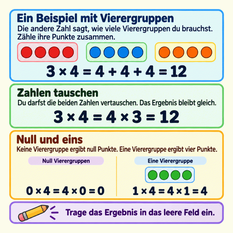 Ein Beispiel zeigt drei Gruppen mit je vier Punkten: Dreimal vier ist vier plus vier plus vier, also zwölf. Auch viermal drei ergibt zwölf. Ohne Vierergruppe gibt es null Punkte; eine Vierergruppe hat vier Punkte. Die Gleichungen zeigen beide Reihenfolgen der Zahlen. Zum Schluss: Trage das Ergebnis in das leere Feld ein. Ein Beispiel mit Vierergruppen: Die andere Zahl sagt, wie viele Vierergruppen du brauchst. Zähle ihre Punkte zusammen. Zahlen tauschen: Du darfst die beiden Zahlen vertauschen. Das Ergebnis bleibt gleich. Null und eins: Keine Vierergruppe ergibt null Punkte. Eine Vierergruppe ergibt vier Punkte. Trage das Ergebnis in das leere Feld ein. 3 × 4 = 4 + 4 + 4 = 12 3 × 4 = 4 × 3 = 12 0 × 4 = 4 × 0 = 0 1 × 4 = 4 × 1 = 4 Null Vierergruppen Eine Vierergruppe