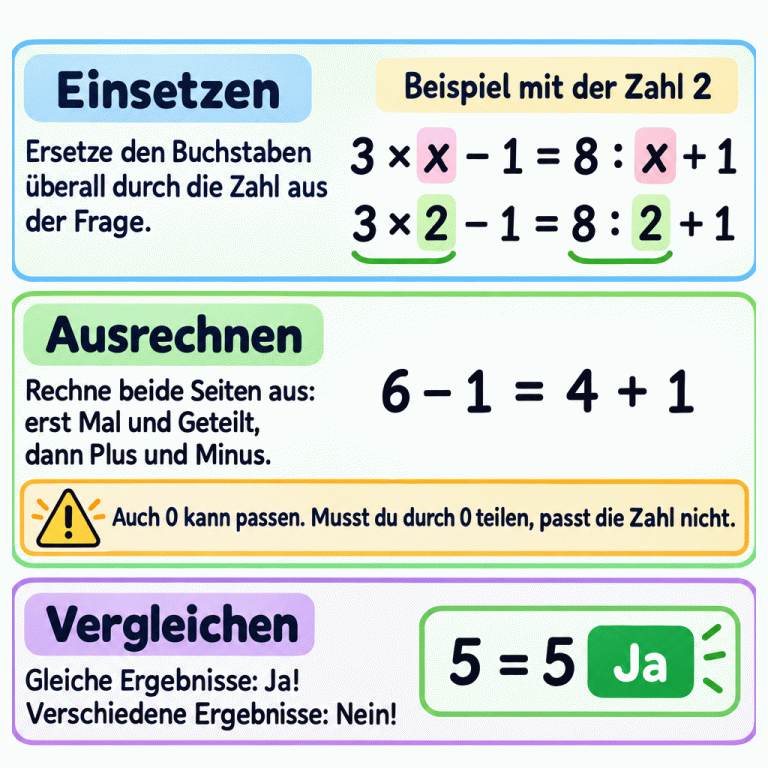 Drei Schritte zum Prüfen einer Zahl: überall für den Buchstaben einsetzen, beide Seiten mit Mal und Geteilt vor Plus und Minus ausrechnen und die Ergebnisse vergleichen. Im gekennzeichneten Beispiel wird die Zahl 2 in 3 × x − 1 = 8 ∶ x + 1 eingesetzt. Nach Mal und Geteilt stehen 6 − 1 und 4 + 1 gegenüber. Beide ergeben 5, deshalb lautet die Antwort im Beispiel Ja. Unterschiedliche Ergebnisse bedeuten Nein. Auch 0 kann passen; müsste man durch 0 teilen, ist die geprüfte Zahl keine Lösung. Einsetzen: Ersetze den Buchstaben überall durch die Zahl aus der Frage. Ausrechnen: Rechne beide Seiten aus: erst Mal und Geteilt, dann Plus und Minus. Vergleichen: Gleiche Ergebnisse: Ja! Verschiedene Ergebnisse: Nein! Auch 0 kann passen. Musst du durch 0 teilen, passt die Zahl nicht. Beispiel mit der Zahl 2 3 × x − 1 = 8 ∶ x + 1 3 × 2 − 1 = 8 ∶ 2 + 1 6 − 1 = 4 + 1 5 = 5 Ja !