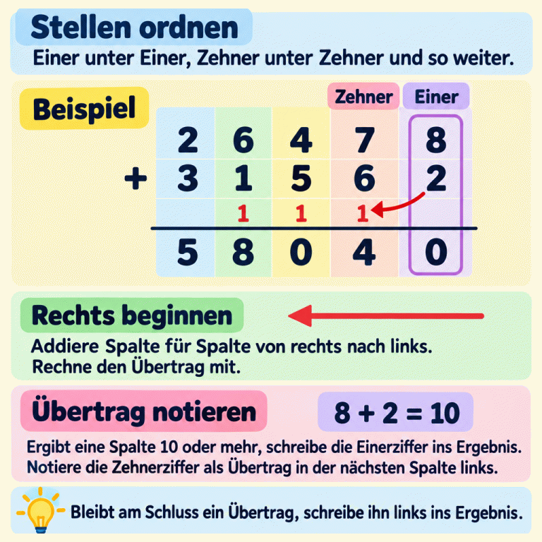 Merkkarte zur schriftlichen Addition: Gleiche Stellen stehen untereinander, gerechnet wird von rechts nach links. Im Beispiel ergeben 26 478 und 31 562 zusammen 58 040. Kleine Übertrags-Einsen stehen in der Zehner-, Hunderter- und Tausenderspalte. Die Einerrechnung 8 + 2 = 10 erklärt: 0 ins Ergebnis, 1 als Übertrag eine Spalte nach links. Ein am Schluss verbleibender Übertrag wird links ins Ergebnis geschrieben. Stellen ordnen: Einer unter Einer, Zehner unter Zehner und so weiter. Rechts beginnen: Addiere Spalte für Spalte von rechts nach links. Rechne den Übertrag mit. Übertrag notieren: Ergibt eine Spalte 10 oder mehr, schreibe die Einerziffer ins Ergebnis. Notiere die Zehnerziffer als Übertrag in der nächsten Spalte links. Bleibt am Schluss ein Übertrag, schreibe ihn links ins Ergebnis. Beispiel 26 478 + 31 562 58 040 1 Einer Zehner 8 + 2 = 10