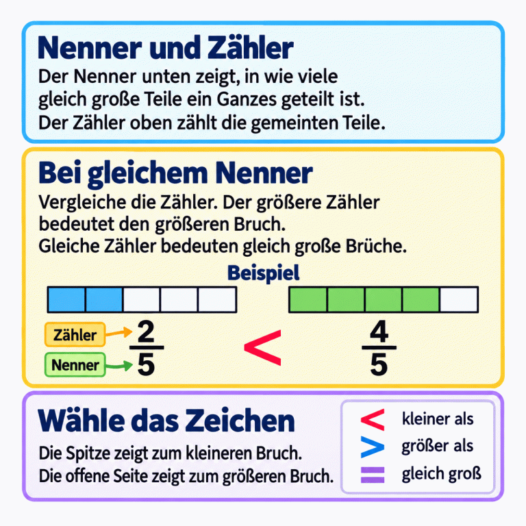Lernkarte zum Vergleichen von Brüchen mit gleichem Nenner. Der Nenner unten zeigt die Anzahl gleich großer Teile eines Ganzen. Der Zähler oben zählt die gemeinten Teile. Im gekennzeichneten Beispiel sind zwei gleich große Streifen jeweils in fünf gleiche Teile geteilt. Ein Streifen zeigt zwei markierte Teile, der andere vier. Darunter steht: zwei Fünftel sind kleiner als vier Fünftel. Bei gleichem Nenner bedeutet der größere Zähler den größeren Bruch; gleiche Zähler bedeuten gleich große Brüche. Die Spitze des Vergleichszeichens zeigt zum kleineren, die offene Seite zum größeren Bruch. Eine Zeichenhilfe erklärt kleiner als, größer als und gleich groß. Nenner und Zähler: Der Nenner unten zeigt, in wie viele gleich große Teile ein Ganzes geteilt ist. Der Zähler oben zählt die gemeinten Teile. Bei gleichem Nenner: Vergleiche die Zähler. Der größere Zähler bedeutet den größeren Bruch. Gleiche Zähler bedeuten gleich große Brüche. Wähle das Zeichen: Die Spitze zeigt zum kleineren Bruch. Die offene Seite zeigt zum größeren Bruch. Beispiel Zähler Nenner 2 4 5 < > = kleiner als größer als gleich groß