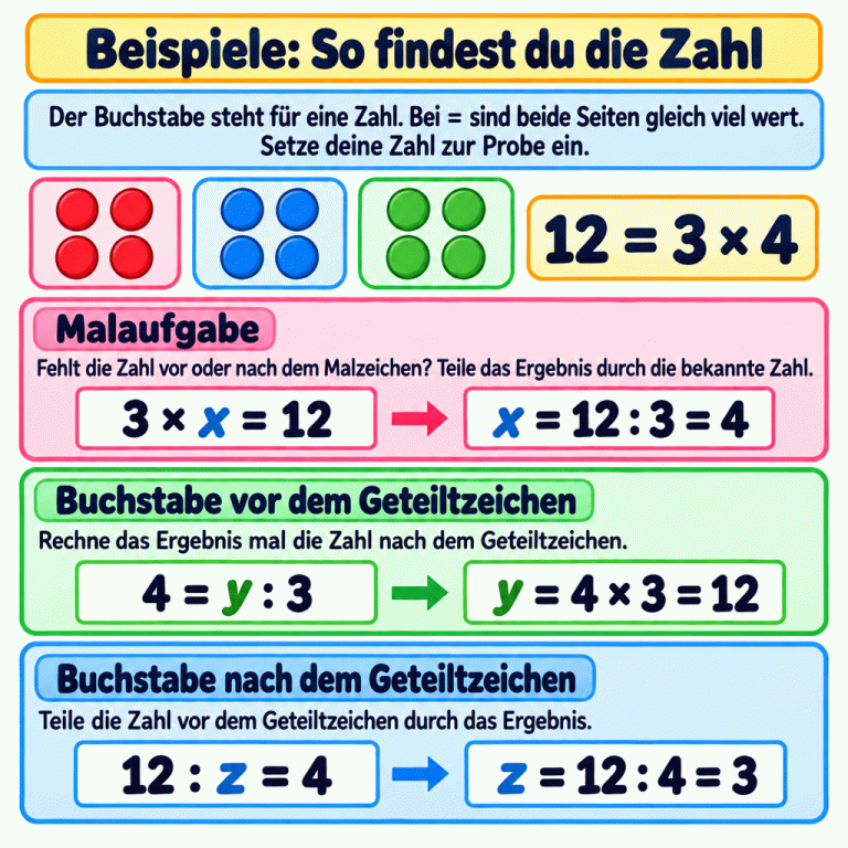 Drei Gruppen mit je vier Plättchen zeigen die Beispielbeziehung 12 = 3 × 4. Drei Fälle erklären die Suche nach einer unbekannten Zahl: Bei 3 × x = 12 ergibt 12 : 3 den Wert 4 für x. Bei 4 = y : 3 ergibt 4 × 3 den Wert 12 für y. Bei 12 : z = 4 ergibt 12 : 4 den Wert 3 für z. Zur Probe wird die gefundene Zahl eingesetzt; beide Seiten der Gleichung müssen denselben Wert haben. Beispiele: So findest du die Zahl Malaufgabe: Fehlt die Zahl vor oder nach dem Malzeichen? Teile das Ergebnis durch die bekannte Zahl. Buchstabe vor dem Geteiltzeichen: Rechne das Ergebnis mal die Zahl nach dem Geteiltzeichen. Buchstabe nach dem Geteiltzeichen: Teile die Zahl vor dem Geteiltzeichen durch das Ergebnis. Der Buchstabe steht für eine Zahl. Bei = sind beide Seiten gleich viel wert. Setze deine Zahl zur Probe ein. 12 = 3 × 4 3 × x = 12 x = 12 : 3 = 4 4 = y : 3 y = 4 × 3 = 12 12 : z = 4 z = 12 : 4 = 3
