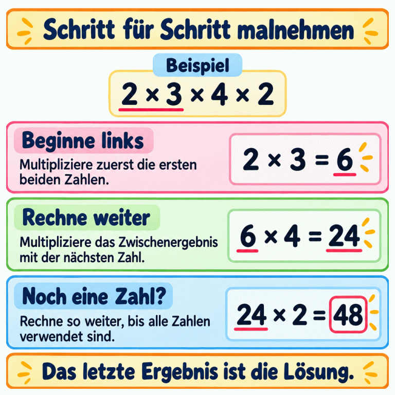 Ein Beispiel zeigt das Malnehmen mit mehreren Zahlen: 2 mal 3 mal 4 mal 2. Zuerst ergibt 2 mal 3 die Zahl 6. Dann ergibt 6 mal 4 die Zahl 24. Zuletzt ergibt 24 mal 2 die Zahl 48. Multipliziere jedes Zwischenergebnis mit der nächsten Zahl, bis alle Zahlen verwendet sind. Das letzte Ergebnis ist die Lösung. Schritt für Schritt malnehmen Beginne links: Multipliziere zuerst die ersten beiden Zahlen. Rechne weiter: Multipliziere das Zwischenergebnis mit der nächsten Zahl. Noch eine Zahl?: Rechne so weiter, bis alle Zahlen verwendet sind. Das letzte Ergebnis ist die Lösung. Beispiel 2 × 3 × 4 × 2 2 × 3 = 6 6 × 4 = 24 24 × 2 = 48
