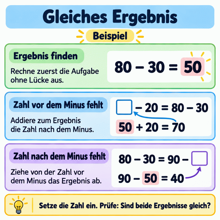 Beispiel zum Gleichsetzen von Minusaufgaben: 80 minus 30 ergibt 50. Auch die Aufgabe mit Lücke soll 50 ergeben. Fehlt die Anfangszahl bei einer Subtraktion mit 20, hilft 50 plus 20 gleich 70. Fehlt bei 90 minus einer unbekannten Zahl die abzuziehende Zahl, hilft 90 minus 50 gleich 40. Beide ergänzten Aufgaben ergeben wie die Ausgangsaufgabe 50. Zur Probe wird die gefundene Zahl eingesetzt und das Ergebnis verglichen. Gleiches Ergebnis Ergebnis finden: Rechne zuerst die Aufgabe ohne Lücke aus. Zahl vor dem Minus fehlt: Addiere zum Ergebnis die Zahl nach dem Minus. Zahl nach dem Minus fehlt: Ziehe von der Zahl vor dem Minus das Ergebnis ab. Setze die Zahl ein. Prüfe: Sind beide Ergebnisse gleich? Beispiel 80 − 30 = 50 □ − 20 = 80 − 30 50 + 20 = 70 80 − 30 = 90 − □ 90 − 50 = 40