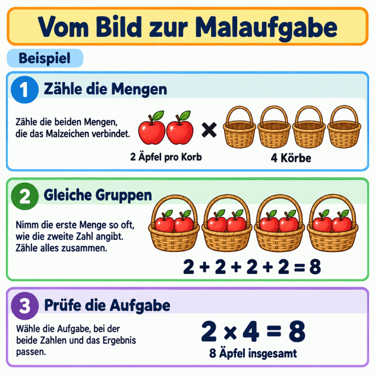Ein Beispiel zeigt zwei Äpfel pro Korb und vier Körbe. Darunter sind vier Körbe mit je zwei Äpfeln zu sehen, insgesamt acht Äpfel. Die Addition 2 + 2 + 2 + 2 = 8 erklärt die Malaufgabe 2 × 4 = 8. Zähle beide Mengen und prüfe bei den Antworten beide Zahlen und das Ergebnis. Vom Bild zur Malaufgabe Zähle die Mengen: Zähle die beiden Mengen, die das Malzeichen verbindet. Gleiche Gruppen: Nimm die erste Menge so oft, wie die zweite Zahl angibt. Zähle alles zusammen. Prüfe die Aufgabe: Wähle die Aufgabe, bei der beide Zahlen und das Ergebnis passen. Beispiel × 2 Äpfel pro Korb 4 Körbe 2 + 2 + 2 + 2 = 8 2 × 4 = 8 8 Äpfel insgesamt 1 2 3
