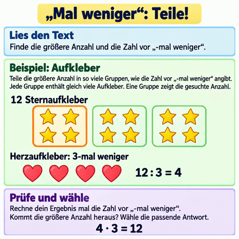 Bei „mal weniger“ wird die größere Anzahl durch die Zahl vor „-mal weniger“ geteilt. Das Beispiel zeigt zwölf Sternaufkleber in drei Gruppen mit je vier Aufklebern und vier Herzaufkleber. Die Herzaufkleber sind dreimal weniger. Zwölf geteilt durch drei ergibt vier. Die Probe vier mal drei ergibt wieder zwölf. Zum Schluss wird die passende Antwort zur Textfrage gewählt. „Mal weniger“: Teile! Lies den Text: Finde die größere Anzahl und die Zahl vor „-mal weniger“. Beispiel: Aufkleber: Teile die größere Anzahl in so viele Gruppen, wie die Zahl vor „-mal weniger“ angibt. Jede Gruppe enthält gleich viele Aufkleber. Eine Gruppe zeigt die gesuchte Anzahl. Prüfe und wähle: Rechne dein Ergebnis mal die Zahl vor „-mal weniger“. Kommt die größere Anzahl heraus? Wähle die passende Antwort. 12 Sternaufkleber Herzaufkleber: 3-mal weniger 12 : 3 = 4 4 · 3 = 12
