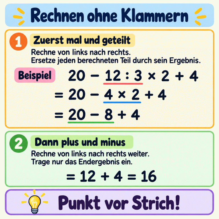 Ein Beispiel zeigt Punkt vor Strich ohne Klammern: 20 minus 12 geteilt durch 3 mal 2 plus 4. Zuerst wird 12 geteilt durch 3 zu 4, danach 4 mal 2 zu 8. Übrig bleibt 20 minus 8 plus 4. Von links nach rechts wird daraus 12 plus 4, also 16. Mal und geteilt kommen vor plus und minus. Rechnen ohne Klammern Zuerst mal und geteilt: Rechne von links nach rechts. Ersetze jeden berechneten Teil durch sein Ergebnis. Dann plus und minus: Rechne von links nach rechts weiter. Trage nur das Endergebnis ein. Punkt vor Strich! Beispiel 20 − 12 : 3 × 2 + 4 = 20 − 4 × 2 + 4 = 20 − 8 + 4 = 12 + 4 = 16 1 2