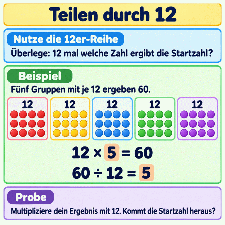 Teilen durch 12: Suche den passenden Faktor in der 12er-Reihe. Das Beispiel zeigt 60 Plättchen in fünf Gruppen mit je zwölf Plättchen. Dazu stehen die Umkehraufgaben 12 × 5 = 60 und 60 ÷ 12 = 5. Zur Probe wird das Ergebnis mit 12 multipliziert: Es muss wieder die Startzahl herauskommen. Teilen durch 12 Nutze die 12er-Reihe: Überlege: 12 mal welche Zahl ergibt die Startzahl? Beispiel: Fünf Gruppen mit je 12 ergeben 60. Probe: Multipliziere dein Ergebnis mit 12. Kommt die Startzahl heraus? 12 12 × 5 = 60 60 ÷ 12 = 5