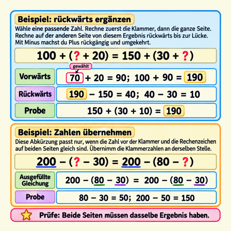 Zwei Lehrbeispiele stehen untereinander. Oben haben die Klammeraufgaben unterschiedliche äußere Zahlen, 100 und 150. Für die linke Lücke wird 70 gewählt. Zuerst ergeben 70 plus 20 den Klammerwert 90 und danach 100 plus 90 das Ergebnis 190. Rechts geht es rückwärts: 190 minus 150 ergibt 40, dann 40 minus 30 ergibt die fehlende Zahl 10. Die rechte Probe ergibt ebenfalls 190. Unten stimmen die äußere Zahl 200 und die Minuszeichen überein. Die Klammerzahlen 80 und 30 werden an denselben Stellen ergänzt. Erst wird 80 minus 30 gleich 50 gerechnet, dann 200 minus 50 gleich 150. Beide Seiten haben dasselbe Ergebnis. Beispiel: rückwärts ergänzen: Wähle eine passende Zahl. Rechne zuerst die Klammer, dann die ganze Seite. Rechne auf der anderen Seite von diesem Ergebnis rückwärts bis zur Lücke. Mit Minus machst du Plus rückgängig und umgekehrt. Beispiel: Zahlen übernehmen: Diese Abkürzung passt nur, wenn die Zahl vor der Klammer und die Rechenzeichen auf beiden Seiten gleich sind. Übernimm die Klammerzahlen an derselben Stelle. Prüfe: Beide Seiten müssen dasselbe Ergebnis haben. 100 + (? + 20) = 150 + (30 + ?) 70 + 20 = 90; 100 + 90 = 190 190 − 150 = 40; 40 − 30 = 10 150 + (30 + 10) = 190 200 − (? − 30) = 200 − (80 − ?) 200 − (80 − 30) = 200 − (80 − 30) 80 − 30 = 50; 200 − 50 = 150 gewählt Vorwärts Rückwärts Probe Ausgefüllte Gleichung