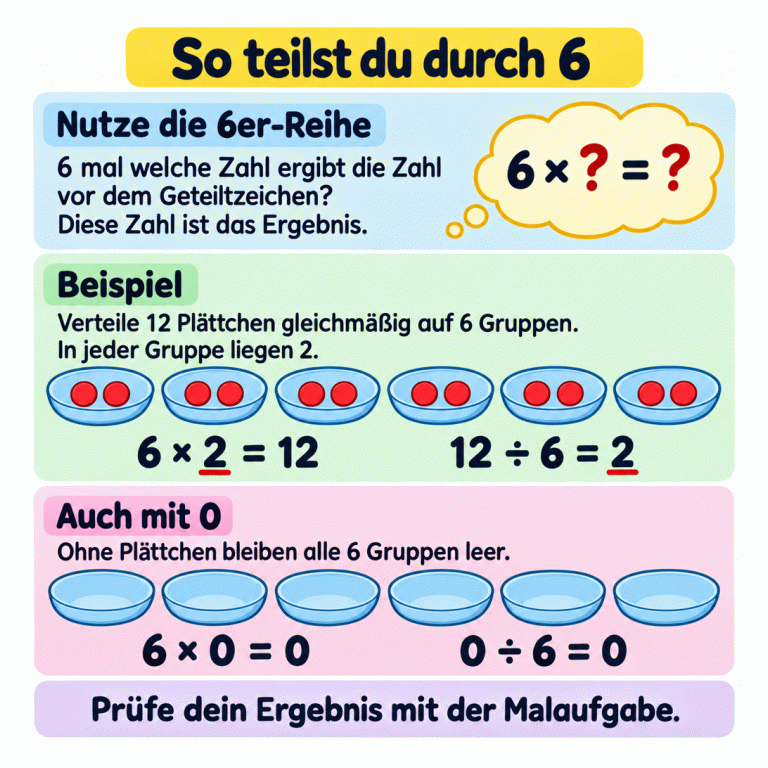 Lernkarte zum Teilen durch 6. Gesucht wird die Zahl, die mit 6 malgenommen die Zahl vor dem Geteiltzeichen ergibt. Im Beispiel sind zwölf Plättchen gleichmäßig auf sechs Gruppen verteilt, zwei in jeder Gruppe. Dazu stehen 6 mal 2 gleich 12 und 12 geteilt durch 6 gleich 2. Darunter zeigen sechs leere Gruppen den Nullfall: 6 mal 0 gleich 0 und 0 geteilt durch 6 gleich 0. Die Malaufgabe dient zum Prüfen. So teilst du durch 6 Nutze die 6er-Reihe: 6 mal welche Zahl ergibt die Zahl vor dem Geteiltzeichen? Diese Zahl ist das Ergebnis. Beispiel: Verteile 12 Plättchen gleichmäßig auf 6 Gruppen. In jeder Gruppe liegen 2. Auch mit 0: Ohne Plättchen bleiben alle 6 Gruppen leer. Prüfe dein Ergebnis mit der Malaufgabe. 6 × 2 = 12 12 ÷ 6 = 2 6 × 0 = 0 0 ÷ 6 = 0 6 × ? = ?