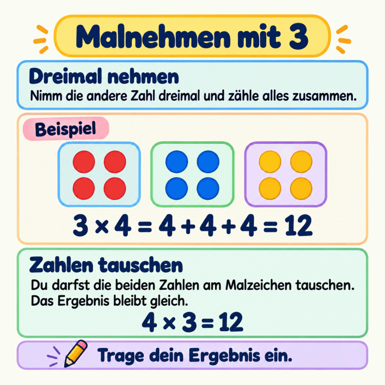 Beim Malnehmen mit 3 nimmst du die andere Zahl dreimal und zählst alles zusammen. Das Beispiel zeigt drei Gruppen mit je vier Punkten. Vier plus vier plus vier ergibt zwölf. Drei mal vier ist deshalb zwölf. Auch vier mal drei ergibt zwölf: Beim Tauschen der beiden Zahlen am Malzeichen bleibt das Ergebnis gleich. Trage dein Ergebnis ein. Malnehmen mit 3 Dreimal nehmen: Nimm die andere Zahl dreimal und zähle alles zusammen. Zahlen tauschen: Du darfst die beiden Zahlen am Malzeichen tauschen. Das Ergebnis bleibt gleich. Trage dein Ergebnis ein. Beispiel 3 × 4 = 4 + 4 + 4 = 12 4 × 3 = 12