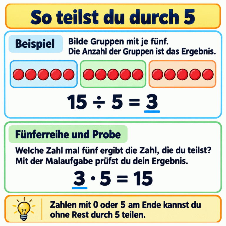 Ein Beispiel zeigt fünfzehn Plättchen in drei Gruppen mit je fünf. Fünfzehn geteilt durch fünf ist drei. Die Probe mit der Fünferreihe lautet: drei mal fünf ist fünfzehn. Ganze Zahlen mit null oder fünf am Ende lassen sich ohne Rest durch fünf teilen. So teilst du durch 5 Beispiel: Bilde Gruppen mit je fünf. Die Anzahl der Gruppen ist das Ergebnis. Fünferreihe und Probe: Welche Zahl mal fünf ergibt die Zahl, die du teilst? Mit der Malaufgabe prüfst du dein Ergebnis. Zahlen mit 0 oder 5 am Ende kannst du ohne Rest durch 5 teilen. 15 ÷ 5 = 3 3 · 5 = 15
