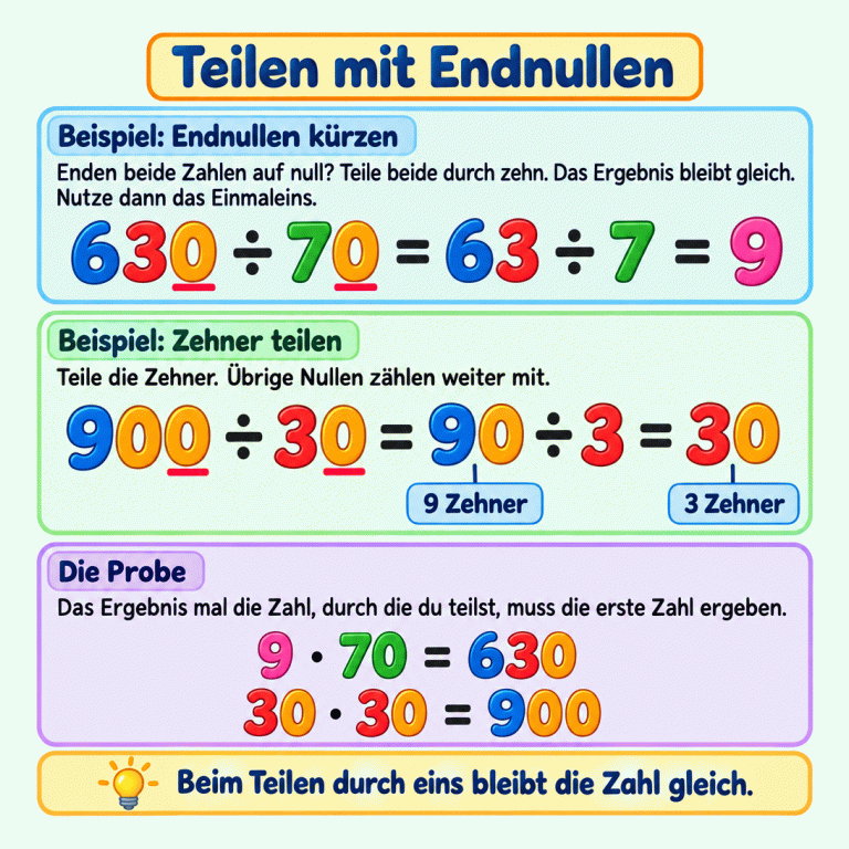 Eine Lernkarte erklärt das Teilen mit Endnullen. Beide Zahlen werden durch zehn geteilt, ohne das Ergebnis zu ändern. Zwei Lehrbeispiele zeigen: 630 geteilt durch 70 gleich 63 geteilt durch 7 gleich 9; 900 geteilt durch 30 gleich 90 geteilt durch 3 gleich 30. Unterstriche markieren jeweils die beiden gemeinsam kürzbaren Endnullen. 90 sind neun Zehner; durch drei geteilt ergeben sie drei Zehner, also 30. Die Proben lauten 9 mal 70 gleich 630 und 30 mal 30 gleich 900. Beim Teilen durch eins bleibt die Zahl gleich. Teilen mit Endnullen Beispiel: Endnullen kürzen: Enden beide Zahlen auf null? Teile beide durch zehn. Das Ergebnis bleibt gleich. Nutze dann das Einmaleins. Beispiel: Zehner teilen: Teile die Zehner. Übrige Nullen zählen weiter mit. Die Probe: Das Ergebnis mal die Zahl, durch die du teilst, muss die erste Zahl ergeben. Beim Teilen durch eins bleibt die Zahl gleich. 630 ÷ 70 = 63 ÷ 7 = 9 900 ÷ 30 = 90 ÷ 3 = 30 9 Zehner 3 Zehner 9 · 70 = 630 30 · 30 = 900