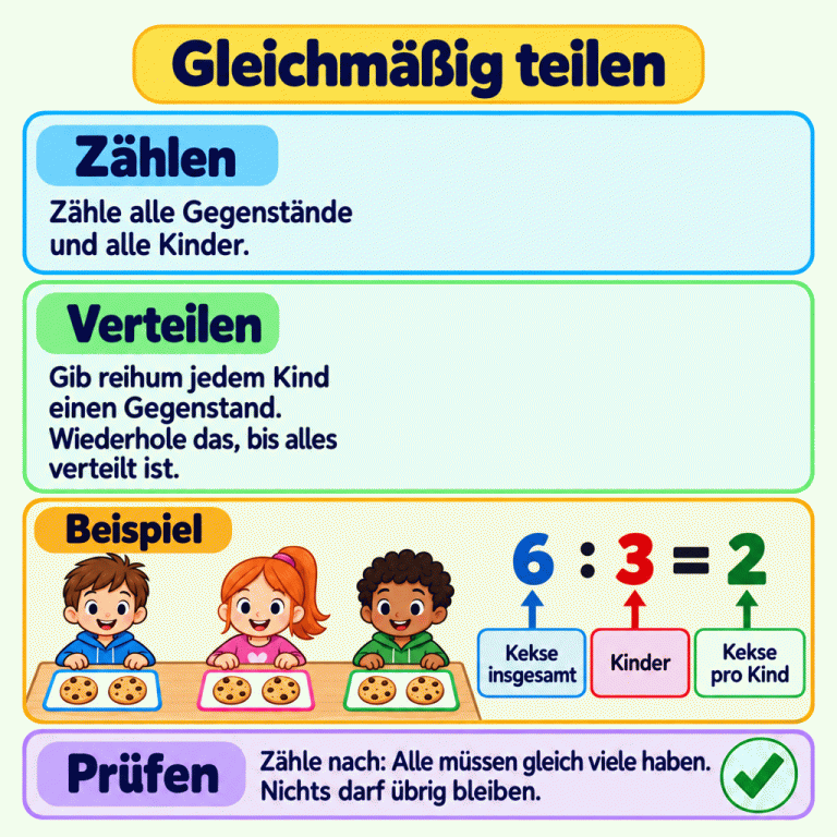Anleitung zum gleichmäßigen Teilen: Gegenstände und Kinder zählen, reihum je einen Gegenstand verteilen und nachzählen. Das gekennzeichnete Beispiel zeigt drei Kinder mit je zwei Keksen, insgesamt sechs. Die Rechnung 6 : 3 = 2 bedeutet: sechs Kekse, drei Kinder und zwei Kekse pro Kind. Alle haben gleich viele, und kein Keks bleibt übrig. Gleichmäßig teilen Zählen: Zähle alle Gegenstände und alle Kinder. Verteilen: Gib reihum jedem Kind einen Gegenstand. Wiederhole das, bis alles verteilt ist. Prüfen: Zähle nach: Alle müssen gleich viele haben. Nichts darf übrig bleiben. Beispiel 6 : 3 = 2 Kekse insgesamt Kinder Kekse pro Kind ✓