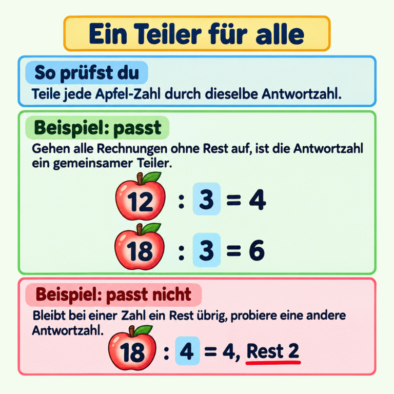 Ein Teiler für alle: Jede Apfel-Zahl wird durch dieselbe Antwortzahl geteilt. Im Beispiel ergeben 12 geteilt durch 3 und 18 geteilt durch 3 die Ergebnisse 4 und 6, jeweils ohne Rest. Deshalb ist 3 ein gemeinsamer Teiler von 12 und 18. Dagegen ergibt 18 geteilt durch 4 den Quotienten 4 mit Rest 2. Schon dieser eine Rest zeigt, dass 4 nicht zu beiden Zahlen passt. Ein Teiler für alle So prüfst du: Teile jede Apfel-Zahl durch dieselbe Antwortzahl. Beispiel: passt: Gehen alle Rechnungen ohne Rest auf, ist die Antwortzahl ein gemeinsamer Teiler. Beispiel: passt nicht: Bleibt bei einer Zahl ein Rest übrig, probiere eine andere Antwortzahl. 12 : 3 = 4 18 : 3 = 6 18 : 4 = 4, Rest 2