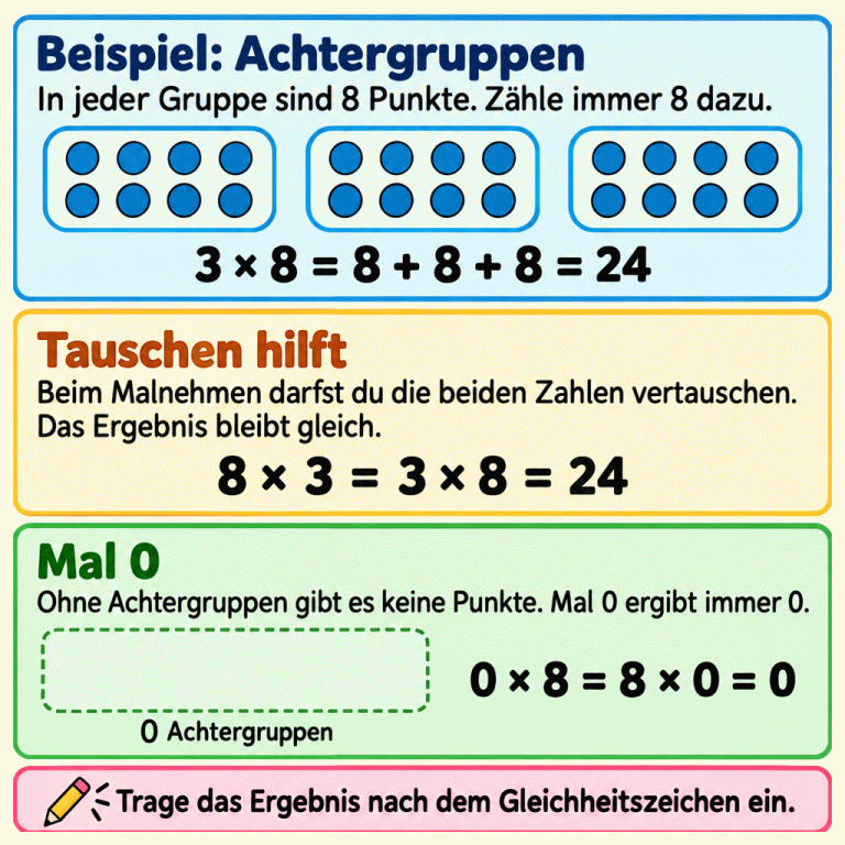 Beispiel zur 8er-Reihe: Drei Gruppen mit je acht Punkten zeigen 3 mal 8 = 8 + 8 + 8 = 24. Die Tauschaufgabe 8 mal 3 hat dasselbe Ergebnis. Eine leere Zählfläche zeigt null Achtergruppen: 0 mal 8 und 8 mal 0 ergeben 0. Das Ergebnis wird nach dem Gleichheitszeichen eingetragen. Beispiel: Achtergruppen: In jeder Gruppe sind 8 Punkte. Zähle immer 8 dazu. Tauschen hilft: Beim Malnehmen darfst du die beiden Zahlen vertauschen. Das Ergebnis bleibt gleich. Mal 0: Ohne Achtergruppen gibt es keine Punkte. Mal 0 ergibt immer 0. Trage das Ergebnis nach dem Gleichheitszeichen ein. 3 × 8 = 8 + 8 + 8 = 24 8 × 3 = 3 × 8 = 24 0 Achtergruppen 0 × 8 = 8 × 0 = 0