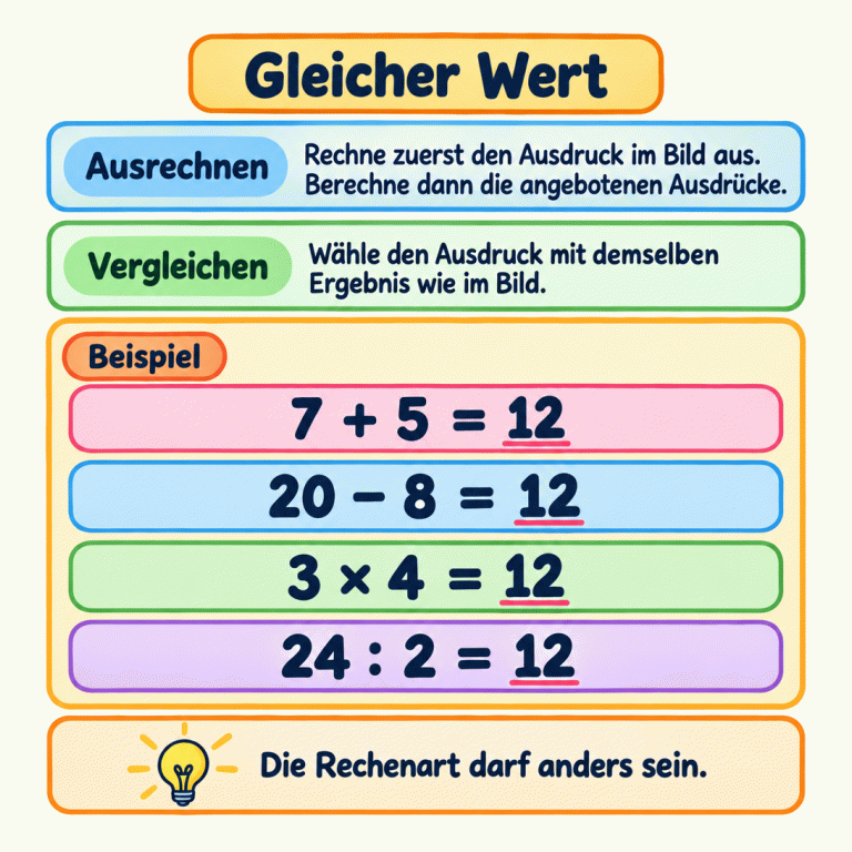 Rechne zuerst die Vorlage und die angebotenen Ausdrücke aus und vergleiche ihre Ergebnisse. Im Lehrbeispiel ergeben sieben plus fünf, zwanzig minus acht, drei mal vier und vierundzwanzig geteilt durch zwei jeweils zwölf. Unterschiedliche Rechenarten können denselben Wert haben. Gleicher Wert Ausrechnen: Rechne zuerst den Ausdruck im Bild aus. Berechne dann die angebotenen Ausdrücke. Vergleichen: Wähle den Ausdruck mit demselben Ergebnis wie im Bild. Die Rechenart darf anders sein. Beispiel 7 + 5 = 12 20 − 8 = 12 3 × 4 = 12 24 : 2 = 12