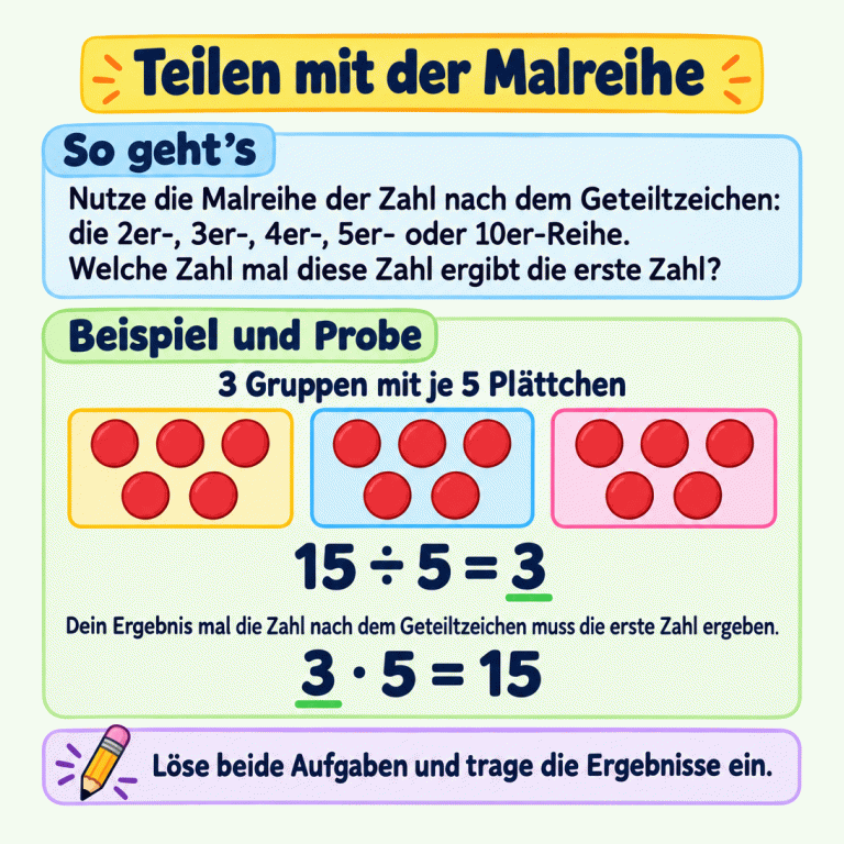Die Karte erklärt das Teilen mit der Malreihe der Zahl nach dem Geteiltzeichen: der 2er-, 3er-, 4er-, 5er- oder 10er-Reihe. Gesucht ist die Zahl, die mit dieser Zahl malgenommen die erste Zahl ergibt. Das Beispiel zeigt 15 Plättchen in drei Gruppen mit je fünf Plättchen: 15 geteilt durch 5 ergibt 3. Die Probe lautet: 3 mal 5 ergibt 15. Beide Aufgaben werden getrennt gelöst und ihre Ergebnisse eingetragen. Teilen mit der Malreihe So geht’s: Nutze die Malreihe der Zahl nach dem Geteiltzeichen: die 2er-, 3er-, 4er-, 5er- oder 10er-Reihe. Welche Zahl mal diese Zahl ergibt die erste Zahl? Beispiel und Probe: Dein Ergebnis mal die Zahl nach dem Geteiltzeichen muss die erste Zahl ergeben. Löse beide Aufgaben und trage die Ergebnisse ein. 3 Gruppen mit je 5 Plättchen 15 ÷ 5 = 3 3 · 5 = 15