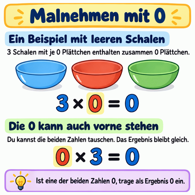 Malnehmen mit 0. Drei leere Schalen stehen für drei Gruppen mit je null Plättchen. Dazu steht die Gleichung 3 × 0 = 0. Darunter zeigt 0 × 3 = 0 die Aufgabe mit vertauschten Zahlen. Ist eine der beiden Zahlen null, wird null als Ergebnis eingetragen. Malnehmen mit 0 Ein Beispiel mit leeren Schalen: 3 Schalen mit je 0 Plättchen enthalten zusammen 0 Plättchen. Die 0 kann auch vorne stehen: Du kannst die beiden Zahlen tauschen. Das Ergebnis bleibt gleich. Ist eine der beiden Zahlen 0, trage als Ergebnis 0 ein. 3 × 0 = 0 0 × 3 = 0