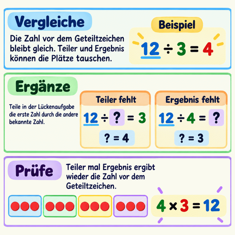 Das Beispiel beginnt mit 12 geteilt durch 3 gleich 4. Bei 12 geteilt durch eine unbekannte Zahl gleich 3 fehlt der Teiler 4. Bei 12 geteilt durch 4 fehlt das Ergebnis 3. Vier Gruppen mit je drei Plättchen veranschaulichen die Probe: 4 mal 3 gleich 12. Vergleiche: Die Zahl vor dem Geteiltzeichen bleibt gleich. Teiler und Ergebnis können die Plätze tauschen. Ergänze: Teile in der Lückenaufgabe die erste Zahl durch die andere bekannte Zahl. Prüfe: Teiler mal Ergebnis ergibt wieder die Zahl vor dem Geteiltzeichen. Beispiel 12 ÷ 3 = 4 Teiler fehlt 12 ÷ ? = 3 ? = 4 Ergebnis fehlt 12 ÷ 4 = ? ? = 3 4 × 3 = 12