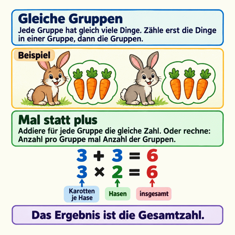 Zwei Hasen bekommen je drei Karotten. Das Lehrbeispiel zeigt zwei gleiche Gruppen und insgesamt sechs Karotten: 3 + 3 = 6 und 3 × 2 = 6. Die 3 steht für Karotten je Hase, die 2 für die Hasenanzahl und die 6 für die Gesamtzahl. Gleiche Gruppen: Jede Gruppe hat gleich viele Dinge. Zähle erst die Dinge in einer Gruppe, dann die Gruppen. Mal statt plus: Addiere für jede Gruppe die gleiche Zahl. Oder rechne: Anzahl pro Gruppe mal Anzahl der Gruppen. Das Ergebnis ist die Gesamtzahl. Beispiel 3 + 3 = 6 3 × 2 = 6 Karotten je Hase Hasen insgesamt