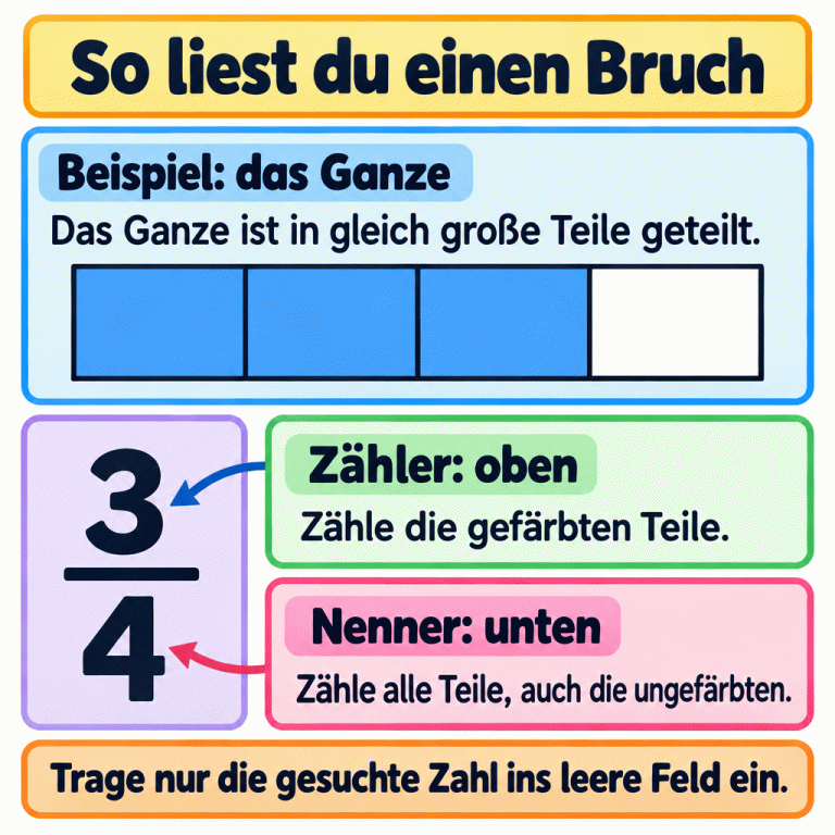 Ein gekennzeichnetes Beispiel zeigt ein Ganzes mit vier gleich großen Teilen. Drei Teile sind gefärbt, einer bleibt ungefärbt. Im zugehörigen Bruch steht oben die Drei als Zähler und unten die Vier als Nenner. Für den Zähler werden die gefärbten Teile gezählt, für den Nenner alle Teile, auch die ungefärbten. Die gesuchte Zahl wird ins leere Feld eingetragen. So liest du einen Bruch Beispiel: das Ganze: Das Ganze ist in gleich große Teile geteilt. Zähler: oben: Zähle die gefärbten Teile. Nenner: unten: Zähle alle Teile, auch die ungefärbten. Trage nur die gesuchte Zahl ins leere Feld ein. 3 4