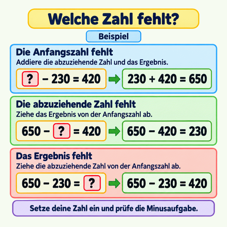 Ein gemeinsames Beispiel zeigt drei mögliche Lücken. Fehlt die Anfangszahl, rechnest du 230 plus 420 gleich 650. Fehlt die abzuziehende Zahl, rechnest du 650 minus 420 gleich 230. Fehlt das Ergebnis, rechnest du 650 minus 230 gleich 420. Setze deine gefundene Zahl zur Probe in die Minusaufgabe ein. Welche Zahl fehlt? Die Anfangszahl fehlt: Addiere die abzuziehende Zahl und das Ergebnis. Die abzuziehende Zahl fehlt: Ziehe das Ergebnis von der Anfangszahl ab. Das Ergebnis fehlt: Ziehe die abzuziehende Zahl von der Anfangszahl ab. Setze deine Zahl ein und prüfe die Minusaufgabe. Beispiel ? − 230 = 420 230 + 420 = 650 650 − ? = 420 650 − 420 = 230 650 − 230 = ? 650 − 230 = 420