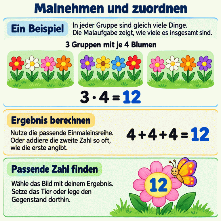 Ein Lehrbeispiel zeigt drei Gruppen mit je vier Blumen. Drei mal vier ergibt zwölf. Die Addition vier plus vier plus vier ergibt ebenfalls zwölf. Ein Schmetterling sitzt auf einer separaten Blume mit der Zahl zwölf. Die Anleitung erklärt, wie du die Malaufgabe berechnest, die passende Zielzahl findest und das Tier oder den Gegenstand dorthin setzt. Malnehmen und zuordnen Ein Beispiel: In jeder Gruppe sind gleich viele Dinge. Die Malaufgabe zeigt, wie viele es insgesamt sind. Ergebnis berechnen: Nutze die passende Einmaleinsreihe. Oder addiere die zweite Zahl so oft, wie die erste angibt. Passende Zahl finden: Wähle das Bild mit deinem Ergebnis. Setze das Tier oder lege den Gegenstand dorthin. 3 Gruppen mit je 4 Blumen 3 · 4 = 12 4 + 4 + 4 = 12 12