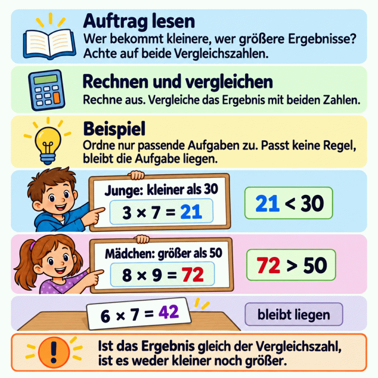 Die Karte erklärt: Auftrag lesen, die Malaufgabe ausrechnen, das Ergebnis mit beiden Vergleichszahlen vergleichen und nur passende Aufgaben zuordnen. Im gekennzeichneten Beispiel bekommt der Junge Ergebnisse kleiner als 30 und das Mädchen Ergebnisse größer als 50. Drei mal sieben ergibt 21; 21 ist kleiner als 30 und passt zum Jungen. Acht mal neun ergibt 72; 72 ist größer als 50 und passt zum Mädchen. Sechs mal sieben ergibt 42. Dieses Ergebnis liegt zwischen den Vergleichszahlen, deshalb bleibt die Aufgabe liegen. Ein Ergebnis gleich der Vergleichszahl ist weder kleiner noch größer. Auftrag lesen: Wer bekommt kleinere, wer größere Ergebnisse? Achte auf beide Vergleichszahlen. Rechnen und vergleichen: Rechne aus. Vergleiche das Ergebnis mit beiden Zahlen. Beispiel: Ordne nur passende Aufgaben zu. Passt keine Regel, bleibt die Aufgabe liegen. Ist das Ergebnis gleich der Vergleichszahl, ist es weder kleiner noch größer. Junge: kleiner als 30 3 × 7 = 21 21 < 30 Mädchen: größer als 50 8 × 9 = 72 72 > 50 6 × 7 = 42 bleibt liegen !