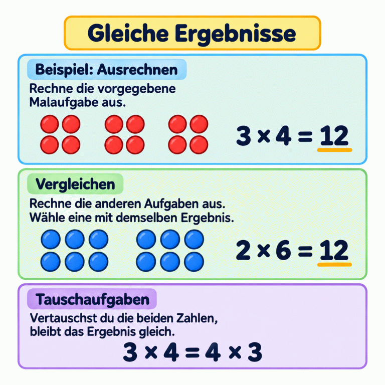 Eine Beispielkarte erklärt: Zuerst die vorgegebene Malaufgabe ausrechnen, dann die Ergebnisse der anderen Aufgaben vergleichen. Drei Gruppen mit je vier Plättchen und zwei Gruppen mit je sechs Plättchen ergeben beide zwölf: 3 × 4 = 12 und 2 × 6 = 12. Die Tauschaufgabe 3 × 4 = 4 × 3 zeigt, dass das Ergebnis auch beim Vertauschen der beiden Zahlen gleich bleibt. Gleiche Ergebnisse Beispiel: Ausrechnen: Rechne die vorgegebene Malaufgabe aus. Vergleichen: Rechne die anderen Aufgaben aus. Wähle eine mit demselben Ergebnis. Tauschaufgaben: Vertauschst du die beiden Zahlen, bleibt das Ergebnis gleich. 3 × 4 = 12 2 × 6 = 12 3 × 4 = 4 × 3