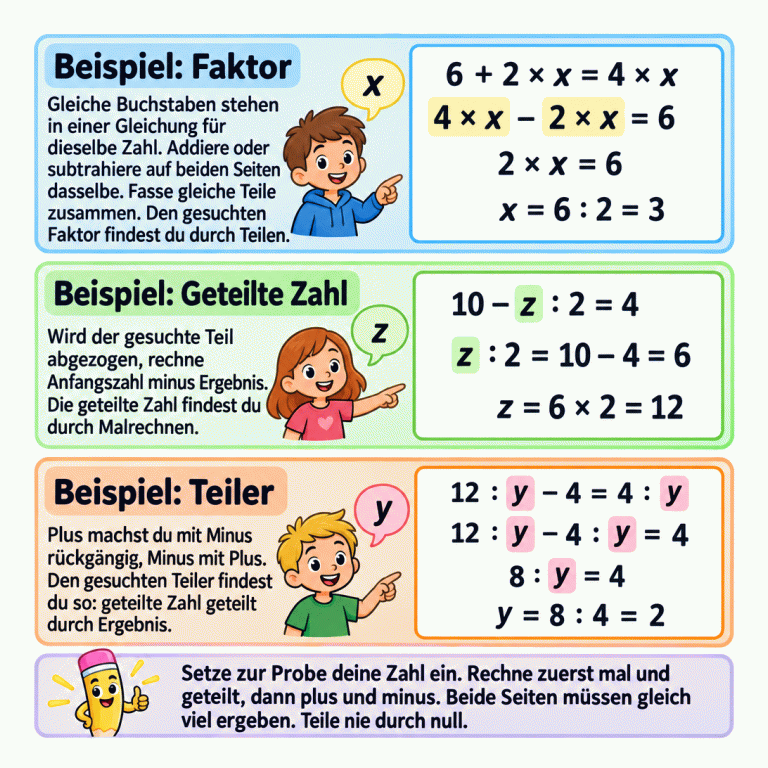 Drei Lehrbeispiele erklären das Finden einer fehlenden Zahl. Gleiche Buchstabenteile werden auf beiden Seiten gesammelt. Einen unbekannten Faktor findet man durch Teilen, eine unbekannte geteilte Zahl durch Malrechnen und einen unbekannten Teiler durch Teilen der geteilten Zahl durch das Ergebnis. Die Probe setzt den gefundenen Wert ein und beachtet Punkt vor Strich. Beide Seiten müssen gleich viel ergeben. Durch null darf man nicht teilen. Beispiel: Faktor: Gleiche Buchstaben stehen in einer Gleichung für dieselbe Zahl. Addiere oder subtrahiere auf beiden Seiten dasselbe. Fasse gleiche Teile zusammen. Den gesuchten Faktor findest du durch Teilen. Beispiel: Geteilte Zahl: Wird der gesuchte Teil abgezogen, rechne Anfangszahl minus Ergebnis. Die geteilte Zahl findest du durch Malrechnen. Beispiel: Teiler: Plus machst du mit Minus rückgängig, Minus mit Plus. Den gesuchten Teiler findest du so: geteilte Zahl geteilt durch Ergebnis. Setze zur Probe deine Zahl ein. Rechne zuerst mal und geteilt, dann plus und minus. Beide Seiten müssen gleich viel ergeben. Teile nie durch null. 6 + 2 × x = 4 × x 4 × x − 2 × x = 6 2 × x = 6 x = 6 ∶ 2 = 3 10 − z ∶ 2 = 4 z ∶ 2 = 10 − 4 = 6 z = 6 × 2 = 12 12 ∶ y − 4 = 4 ∶ y 12 ∶ y − 4 ∶ y = 4 8 ∶ y = 4 y = 8 ∶ 4 = 2 x z y