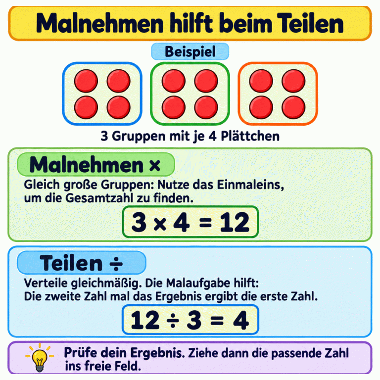 Ein gemeinsames Beispiel zeigt drei Gruppen mit je vier Plättchen, insgesamt zwölf. Die Rechnungen 3 × 4 = 12 und 12 ÷ 3 = 4 erklären Malnehmen und Teilen. Beim Teilen hilft die Malaufgabe: Die zweite Zahl mal das Ergebnis ergibt die erste Zahl. Prüfe dein Ergebnis und ziehe dann die passende Zahl ins freie Feld. Malnehmen hilft beim Teilen Malnehmen ×: Gleich große Gruppen: Nutze das Einmaleins, um die Gesamtzahl zu finden. Teilen ÷: Verteile gleichmäßig. Die Malaufgabe hilft: Die zweite Zahl mal das Ergebnis ergibt die erste Zahl. Prüfe dein Ergebnis. Ziehe dann die passende Zahl ins freie Feld. Beispiel 3 Gruppen mit je 4 Plättchen 3 × 4 = 12 12 ÷ 3 = 4