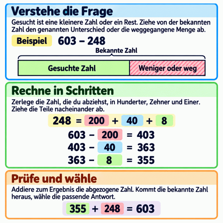 Bei einer kleineren Zahl oder einem Rest ziehst du den genannten Unterschied oder die weggegangene Menge von der bekannten Zahl ab. Ein Balken zeigt diesen Zusammenhang. Beispiel: 603 minus 248. Zerlege 248 in 200, 40 und 8. Rechne nacheinander: 603 minus 200 ergibt 403, 403 minus 40 ergibt 363, 363 minus 8 ergibt 355. Die Plusprobe lautet: 355 plus 248 ergibt wieder 603. Prüfe dein Ergebnis und wähle danach die passende Antwort. Verstehe die Frage: Gesucht ist eine kleinere Zahl oder ein Rest. Ziehe von der bekannten Zahl den genannten Unterschied oder die weggegangene Menge ab. Rechne in Schritten: Zerlege die Zahl, die du abziehst, in Hunderter, Zehner und Einer. Ziehe die Teile nacheinander ab. Prüfe und wähle: Addiere zum Ergebnis die abgezogene Zahl. Kommt die bekannte Zahl heraus, wähle die passende Antwort. Beispiel 603 − 248 Bekannte Zahl Gesuchte Zahl Weniger oder weg 248 = 200 + 40 + 8 603 − 200 = 403 403 − 40 = 363 363 − 8 = 355 355 + 248 = 603