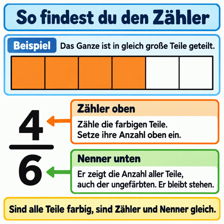 Ein Beispielrechteck ist in sechs gleich große Teile geteilt. Vier Teile sind farbig markiert, zwei nicht. Darunter steht der Bruch vier Sechstel: Vier oben ist der Zähler der markierten Teile, sechs unten der Nenner aller Teile. Die Texte erklären das Zählen und Einsetzen des Zählers. Sind alle Teile farbig, sind Zähler und Nenner gleich. So findest du den Zähler Beispiel: Das Ganze ist in gleich große Teile geteilt. Zähler oben: Zähle die farbigen Teile. Setze ihre Anzahl oben ein. Nenner unten: Er zeigt die Anzahl aller Teile, auch der ungefärbten. Er bleibt stehen. Sind alle Teile farbig, sind Zähler und Nenner gleich. 4 6