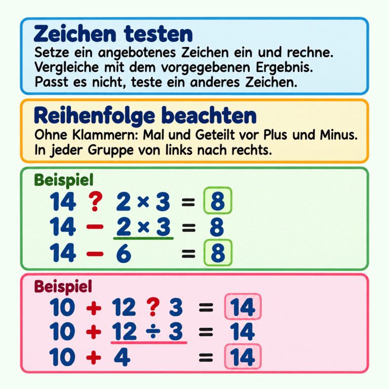 Lernkarte zum Prüfen fehlender Rechenzeichen. Ein angebotenes Zeichen einsetzen, nach der richtigen Reihenfolge rechnen und mit dem vorgegebenen Ergebnis vergleichen. Ohne Klammern kommen Mal und Geteilt vor Plus und Minus. Zwei Lehrbeispiele: Bei 14 minus 2 mal 3 wird zuerst 2 mal 3 gerechnet. Danach ergibt 14 minus 6 genau 8. Bei 10 plus 12 geteilt durch 3 wird zuerst 12 geteilt durch 3 gerechnet. Danach ergibt 10 plus 4 genau 14. Beide berechneten Ergebnisse stimmen mit der jeweiligen Vorgabe überein. Zeichen testen: Setze ein angebotenes Zeichen ein und rechne. Vergleiche mit dem vorgegebenen Ergebnis. Passt es nicht, teste ein anderes Zeichen. Reihenfolge beachten: Ohne Klammern: Mal und Geteilt vor Plus und Minus. In jeder Gruppe von links nach rechts. Beispiel 14 ? 2 × 3 = 8 14 − 2 × 3 = 8 14 − 6 = 8 10 + 12 ? 3 = 14 10 + 12 ÷ 3 = 14 10 + 4 = 14