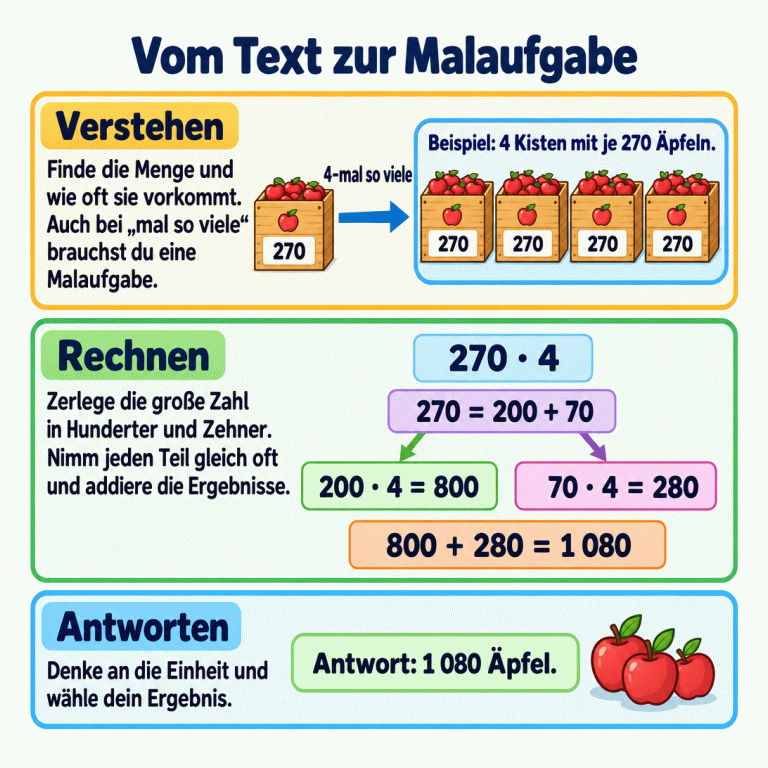 Ein gekennzeichnetes Beispiel zeigt vier Kisten mit je 270 Äpfeln. Eine gesonderte Kiste mit 270 Äpfeln dient zum Vergleich: Die Vierergruppe enthält viermal so viele Äpfel. Die Malaufgabe 270 · 4 wird mit 270 = 200 + 70 zerlegt. Es folgen 200 · 4 = 800 und 70 · 4 = 280. Zusammen ergibt das 800 + 280 = 1 080. Die Beispielantwort lautet 1 080 Äpfel. Kurze Hinweise erklären das Finden der Faktoren, das Rechnen mit Hundertern und Zehnern und die Wahl des Ergebnisses mit der passenden Einheit. Vom Text zur Malaufgabe Verstehen: Finde die Menge und wie oft sie vorkommt. Auch bei „mal so viele“ brauchst du eine Malaufgabe. Rechnen: Zerlege die große Zahl in Hunderter und Zehner. Nimm jeden Teil gleich oft und addiere die Ergebnisse. Antworten: Denke an die Einheit und wähle dein Ergebnis. Beispiel: 4 Kisten mit je 270 Äpfeln. 270 4-mal so viele 270 · 4 270 = 200 + 70 200 · 4 = 800 70 · 4 = 280 800 + 280 = 1 080 Antwort: 1 080 Äpfel.