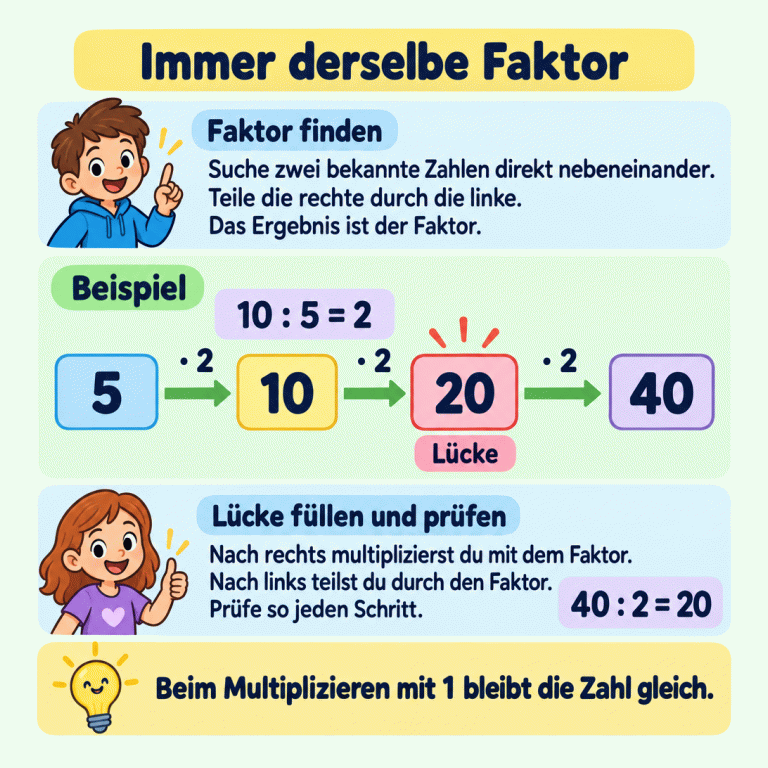 Ein Beispiel zeigt die Folge 5, 10, 20, 40. Jeder Schritt ist mal 2. Die dritte Zahl, 20, ist die ergänzte Lücke. 10 geteilt durch 5 ergibt den Faktor 2. Von rechts gerechnet ergibt 40 geteilt durch 2 ebenfalls 20. Nach rechts multiplizierst du mit dem Faktor, nach links teilst du durch ihn. Prüfe jeden Schritt. Beim Faktor 1 bleibt die Zahl gleich. Immer derselbe Faktor Faktor finden: Suche zwei bekannte Zahlen direkt nebeneinander. Teile die rechte durch die linke. Das Ergebnis ist der Faktor. Lücke füllen und prüfen: Nach rechts multiplizierst du mit dem Faktor. Nach links teilst du durch den Faktor. Prüfe so jeden Schritt. Beim Multiplizieren mit 1 bleibt die Zahl gleich. Beispiel 5 10 20 40 · 2 10 : 5 = 2 40 : 2 = 20 Lücke