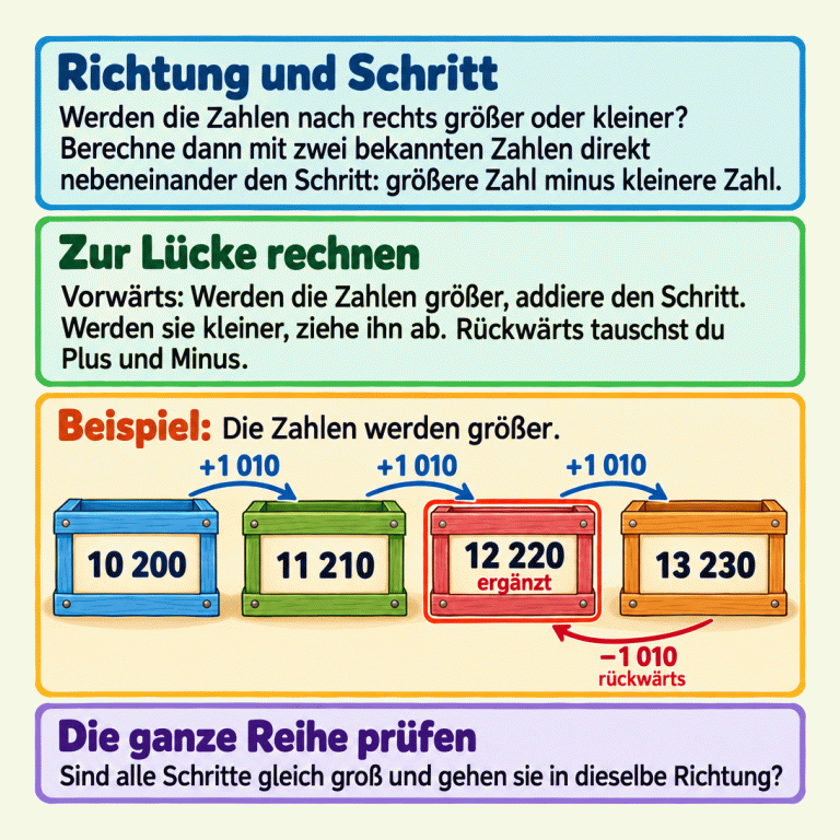 Die Karte erklärt: zuerst prüfen, ob die Zahlen größer oder kleiner werden, dann aus zwei bekannten direkten Nachbarn den Schritt bestimmen. Vorwärts wird bei wachsenden Zahlen addiert und bei fallenden subtrahiert; rückwärts ist es umgekehrt. Das einzige Beispiel zeigt 10 200, 11 210, 12 220 und 13 230. Die dritte Zahl ist ergänzt. Jeder Vorwärtsschritt ist plus 1 010; zurück vom letzten zum dritten Wert ist es minus 1 010. Zum Schluss werden Schrittgröße und Richtung in der ganzen Reihe geprüft. Richtung und Schritt: Werden die Zahlen nach rechts größer oder kleiner? Berechne dann mit zwei bekannten Zahlen direkt nebeneinander den Schritt: größere Zahl minus kleinere Zahl. Zur Lücke rechnen: Vorwärts: Werden die Zahlen größer, addiere den Schritt. Werden sie kleiner, ziehe ihn ab. Rückwärts tauschst du Plus und Minus. Die ganze Reihe prüfen: Sind alle Schritte gleich groß und gehen sie in dieselbe Richtung? Beispiel: Die Zahlen werden größer. 10 200 11 210 12 220 13 230 ergänzt +1 010 rückwärts −1 010