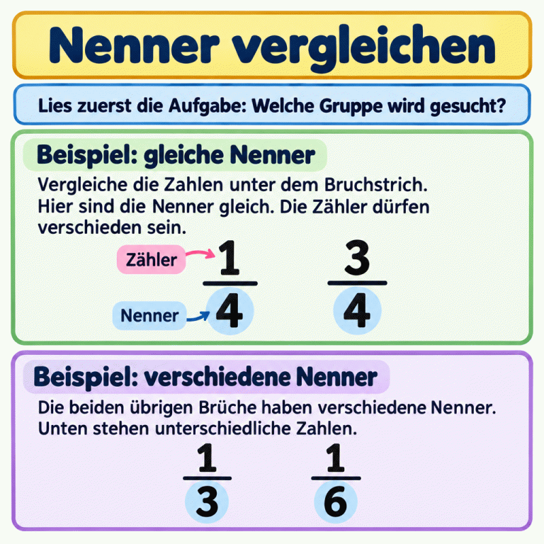 Lernkarte zum Vergleichen von Nennern. Ein gemeinsames Beispiel zeigt vier Brüche: Ein Viertel und drei Viertel haben beide den Nenner vier. Die übrigen Brüche, ein Drittel und ein Sechstel, haben die verschiedenen Nenner drei und sechs. Am ersten Bruch sind Zähler oben und Nenner unten beschriftet. Die Aufgabe entscheidet, welche Gruppe gesucht wird. Nenner vergleichen Beispiel: gleiche Nenner: Vergleiche die Zahlen unter dem Bruchstrich. Hier sind die Nenner gleich. Die Zähler dürfen verschieden sein. Beispiel: verschiedene Nenner: Die beiden übrigen Brüche haben verschiedene Nenner. Unten stehen unterschiedliche Zahlen. Lies zuerst die Aufgabe: Welche Gruppe wird gesucht? 1 3 4 6 Zähler Nenner