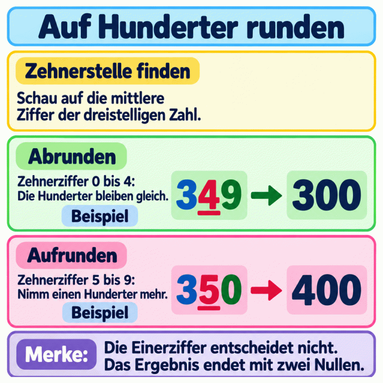 Zwei gekennzeichnete Lehrbeispiele zum Runden auf Hunderter: 349 wird zu 300, 350 wird zu 400. Die mittleren Ziffern 4 und 5 sind unterstrichen. Bei einer Zehnerziffer von 0 bis 4 bleiben die Hunderter gleich; bei 5 bis 9 nimmt man einen Hunderter mehr. Die Einerziffer entscheidet nicht. Das Ergebnis endet mit zwei Nullen. Auf Hunderter runden Zehnerstelle finden: Schau auf die mittlere Ziffer der dreistelligen Zahl. Abrunden: Zehnerziffer 0 bis 4: Die Hunderter bleiben gleich. Aufrunden: Zehnerziffer 5 bis 9: Nimm einen Hunderter mehr. Die Einerziffer entscheidet nicht. Das Ergebnis endet mit zwei Nullen. Beispiel 349 300 350 400 Merke: