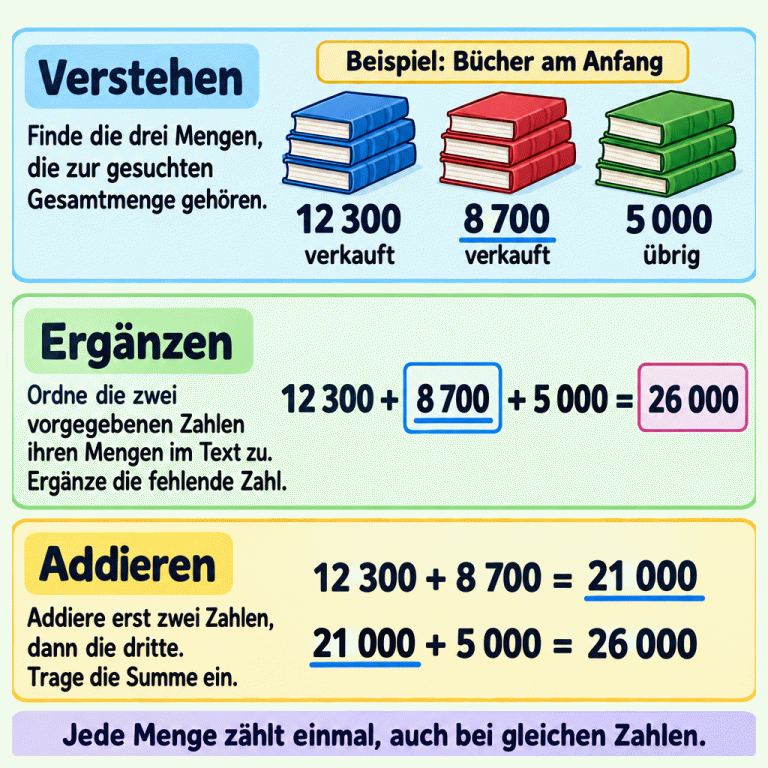 Drei Schritte erklären das Verstehen, Ergänzen und Addieren. Im gekennzeichneten Buchbeispiel gehören 12 300 verkaufte, 8 700 verkaufte und 5 000 übrige Bücher zum Anfangsbestand. Im vollständigen Ausdruck ist 8 700 der ergänzte Summand und 26 000 das Ergebnis. Der Rechenweg zeigt: 12 300 + 8 700 = 21 000, danach 21 000 + 5 000 = 26 000. Jede Menge zählt einmal, auch wenn Zahlen gleich sind. Verstehen: Finde die drei Mengen, die zur gesuchten Gesamtmenge gehören. Ergänzen: Ordne die zwei vorgegebenen Zahlen ihren Mengen im Text zu. Ergänze die fehlende Zahl. Addieren: Addiere erst zwei Zahlen, dann die dritte. Trage die Summe ein. Jede Menge zählt einmal, auch bei gleichen Zahlen. Beispiel: Bücher am Anfang verkauft übrig 12 300 8 700 5 000 21 000 26 000 + =