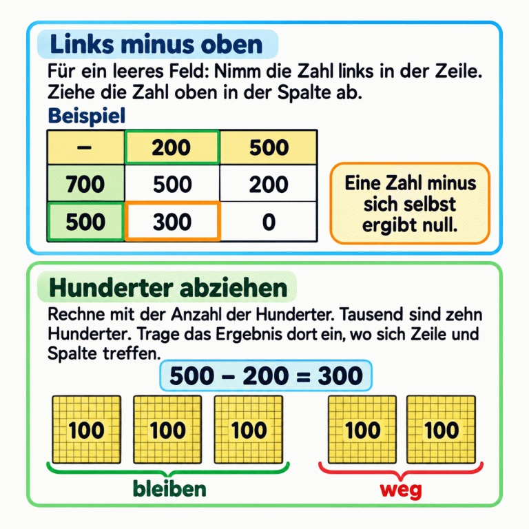 Erklärung einer Subtraktionstabelle: Zahl links in der Zeile minus Zahl oben in der Spalte. Die kleine Beispieltabelle hat die Spalten 200 und 500 sowie die Zeilen 700 und 500. In der ersten Zeile stehen die Ergebnisse 500 und 200, in der zweiten 300 und 0. Das Feld für 500 minus 200 ist hervorgehoben. Darunter erklärt 500 minus 200 gleich 300 dieselbe Rechnung mit fünf Karten zu je 100: Zwei werden weggenommen, drei bleiben. Tausend sind zehn Hunderter. Eine Zahl minus sich selbst ergibt null. Links minus oben: Für ein leeres Feld: Nimm die Zahl links in der Zeile. Ziehe die Zahl oben in der Spalte ab. Hunderter abziehen: Rechne mit der Anzahl der Hunderter. Tausend sind zehn Hunderter. Trage das Ergebnis dort ein, wo sich Zeile und Spalte treffen. Eine Zahl minus sich selbst ergibt null. Beispiel − 200 500 700 300 100 = bleiben weg