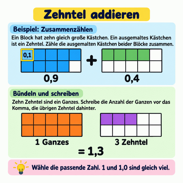 Eine Erklärung zum Addieren von Zehnteln. Jeder Block hat zehn gleich große Kästchen; ein einzelnes ausgemaltes Kästchen ist mit 0,1 beschriftet. Im Lehrbeispiel werden 0,9 und 0,4 zusammengezählt. Die dreizehn Zehntel werden als ein voller Block und drei weitere Zehntel dargestellt. Das ergibt 1,3. Ganze stehen vor dem Komma, übrige Zehntel dahinter. 1 und 1,0 sind gleich viel. Zehntel addieren Beispiel: Zusammenzählen: Ein Block hat zehn gleich große Kästchen. Ein ausgemaltes Kästchen ist ein Zehntel. Zähle die ausgemalten Kästchen beider Blöcke zusammen. Bündeln und schreiben: Zehn Zehntel sind ein Ganzes. Schreibe die Anzahl der Ganzen vor das Komma, die übrigen Zehntel dahinter. Wähle die passende Zahl. 1 und 1,0 sind gleich viel. 0,1 0,9 + 0,4 1 Ganzes 3 Zehntel = 1,3
