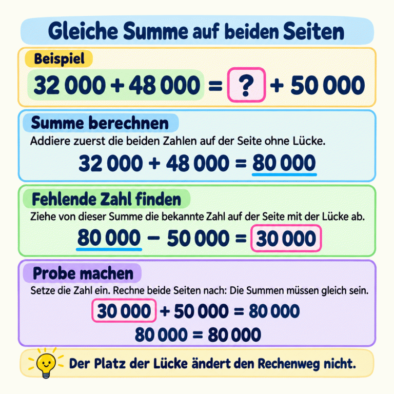 Ein Beispiel erklärt den Rechenweg bei einer fehlenden Zahl: 32 000 + 48 000 = ? + 50 000. Zuerst ergibt die vollständige Addition 80 000. Dann wird gerechnet: 80 000 − 50 000 = 30 000. Die Probe ergibt 30 000 + 50 000 = 80 000. Beide Seiten haben damit dieselbe Summe. Der Platz der Lücke ändert den Rechenweg nicht. Gleiche Summe auf beiden Seiten Summe berechnen: Addiere zuerst die beiden Zahlen auf der Seite ohne Lücke. Fehlende Zahl finden: Ziehe von dieser Summe die bekannte Zahl auf der Seite mit der Lücke ab. Probe machen: Setze die Zahl ein. Rechne beide Seiten nach: Die Summen müssen gleich sein. Der Platz der Lücke ändert den Rechenweg nicht. Beispiel 32 000 + 48 000 = ? + 50 000 32 000 + 48 000 = 80 000 80 000 − 50 000 = 30 000 30 000 + 50 000 = 80 000 80 000 = 80 000