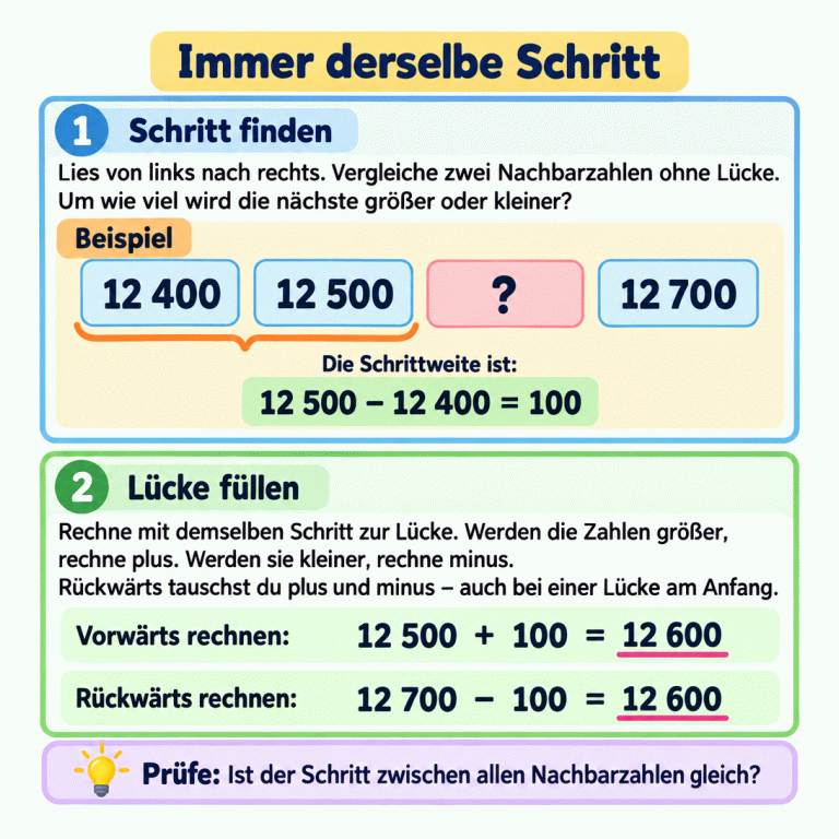 Die Lernkarte erklärt das Finden einer fehlenden Zahl mit gleichbleibenden Schritten. Das gekennzeichnete Lehrbeispiel zeigt 12 400, 12 500, ein Fragezeichen und 12 700. Der Abstand der ersten beiden Zahlen beträgt 100. Vorwärts ergibt 12 500 plus 100 die Zahl 12 600; rückwärts ergibt 12 700 minus 100 dieselbe Zahl. Die Texte erklären auch abnehmende Reihen, das Rückwärtsrechnen bei einer Lücke am Anfang und das Prüfen aller Nachbarzahlen. Immer derselbe Schritt Schritt finden: Lies von links nach rechts. Vergleiche zwei Nachbarzahlen ohne Lücke. Um wie viel wird die nächste größer oder kleiner? Lücke füllen: Rechne mit demselben Schritt zur Lücke. Werden die Zahlen größer, rechne plus. Werden sie kleiner, rechne minus. Rückwärts tauschst du plus und minus – auch bei einer Lücke am Anfang. Prüfe: Ist der Schritt zwischen allen Nachbarzahlen gleich? Beispiel 12 400 12 500 ? 12 700 100 12 600 − + = 1 Die Schrittweite ist: 2 Vorwärts rechnen: Rückwärts rechnen: